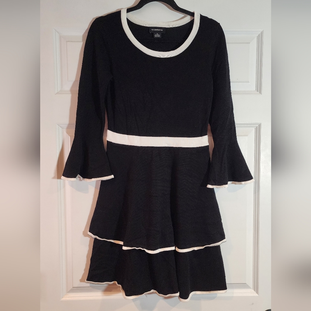 Liz Claiborne Black And White Ruffle Long Sleeve Heavyweight Dress M